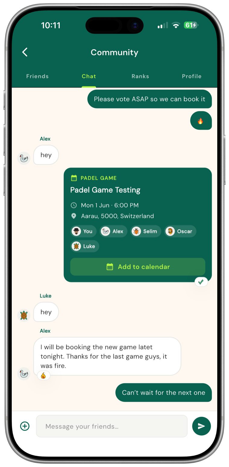 Padeland group chat with a shared padel game card, players and add-to-calendar